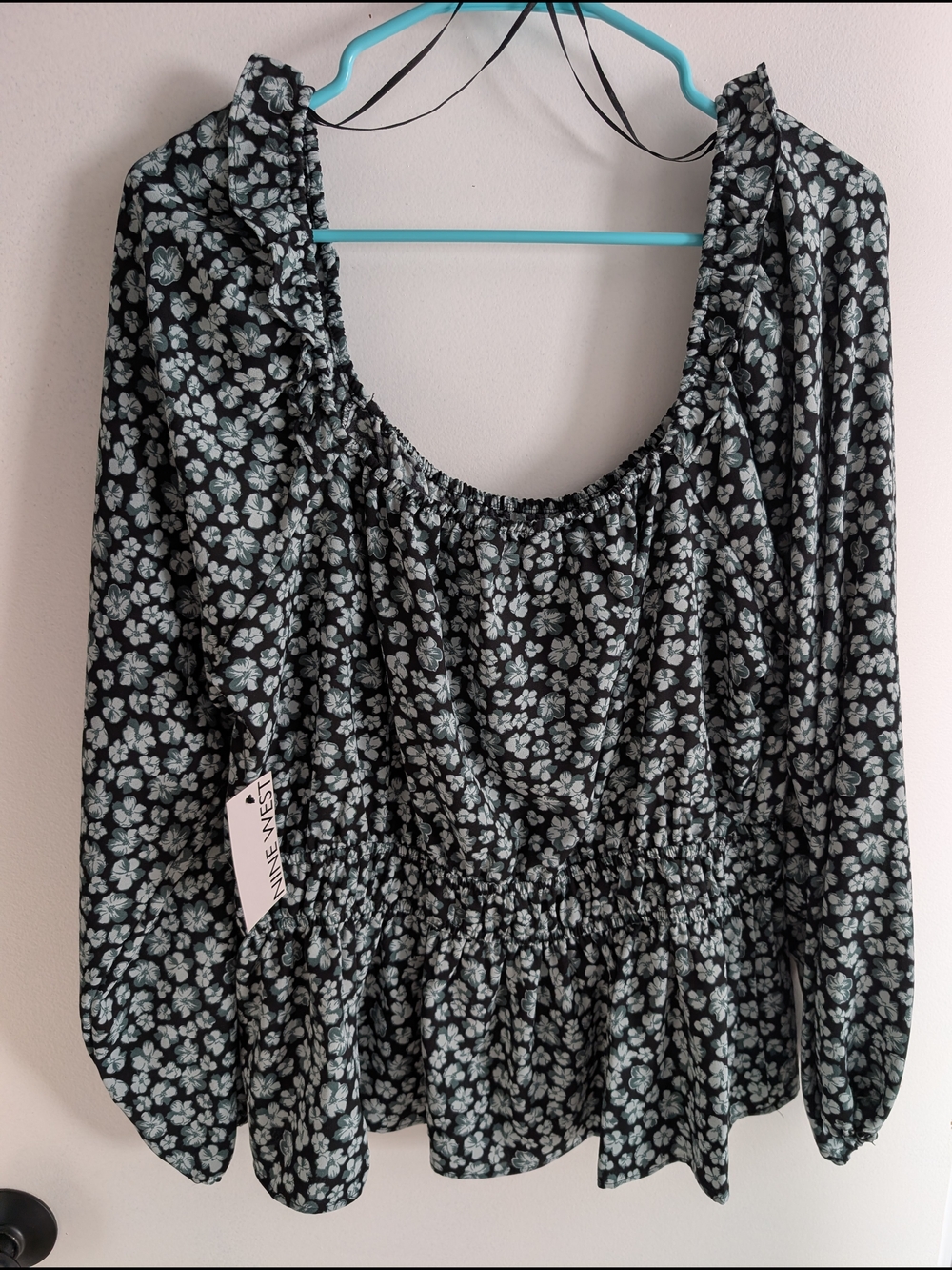 Nine West Black Floral Ruffle Waist Blouse